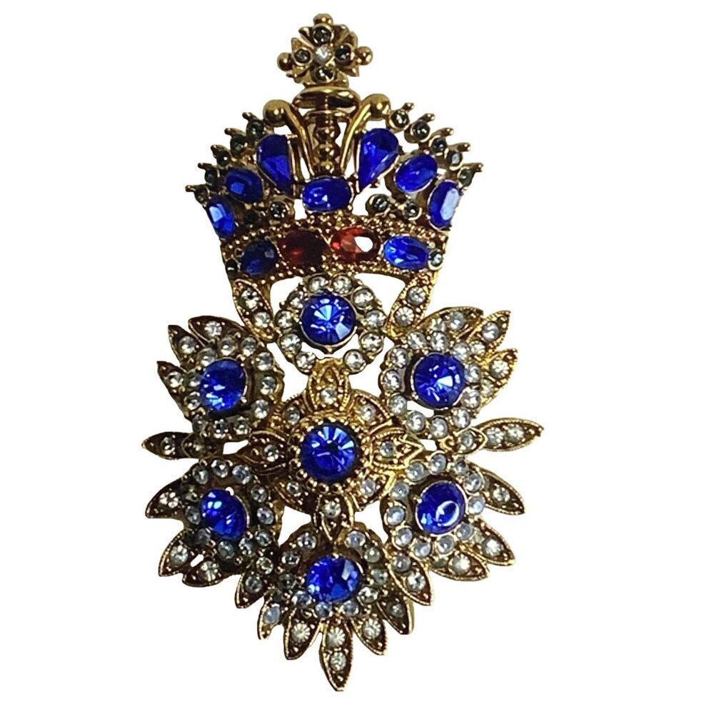 JOAN RIVERS Vintage Royal Monarch Maltese Cross Gold Blue Red Brooch Signed - Picture 2 of 15